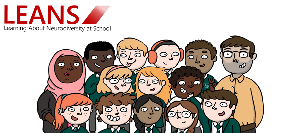 Cartoon drawing of a school class posing for a picture.