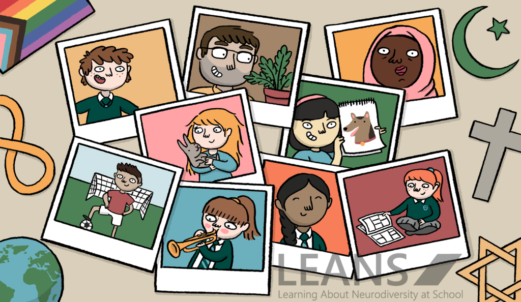 Cartoon drawings of parents, carers and young people within polaroid pictures